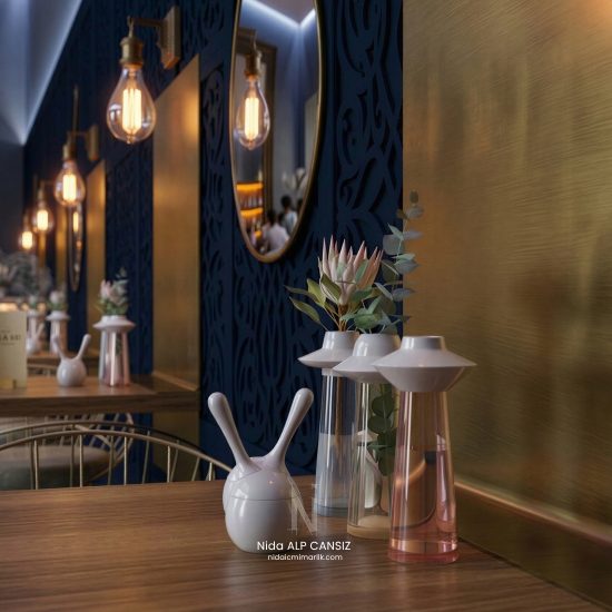 Golden cafe restoran projesi için tasarlanan lüks iç mekan ve modern tasarım detayları
