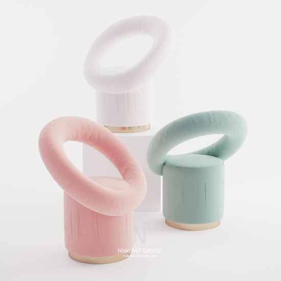 Oura Seat tasarım berjer, heykelsi formu ve kadife dokulu yüzeyi ile modern iç mekanlar için özgün oturma elemanı