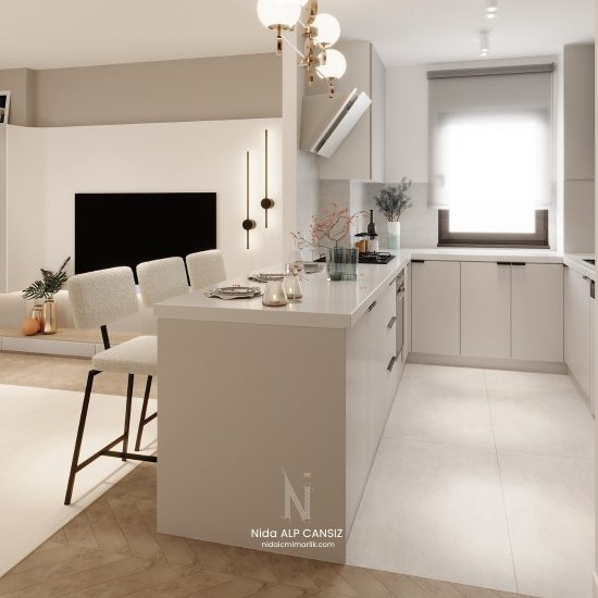 Bodrum’da konut iç mimari tasarım projesinde doğal ışık ve sade çizgilerle tasarlanmış yaşam alanı.