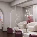 Aly Beauty güzellik merkezinin iç mekan tasarımında bekleme ve ayak bakım alanlarını bir arada gösteren genel mekan görünümü