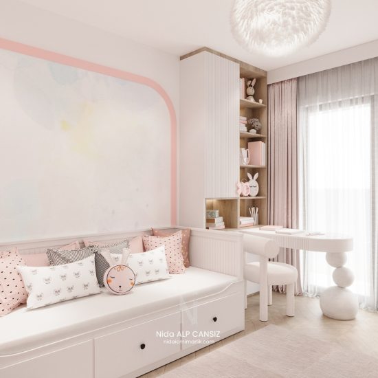 Bodrum’da konut iç mimari tasarım projesinde doğal ışık ve sade çizgilerle tasarlanmış yaşam alanı.