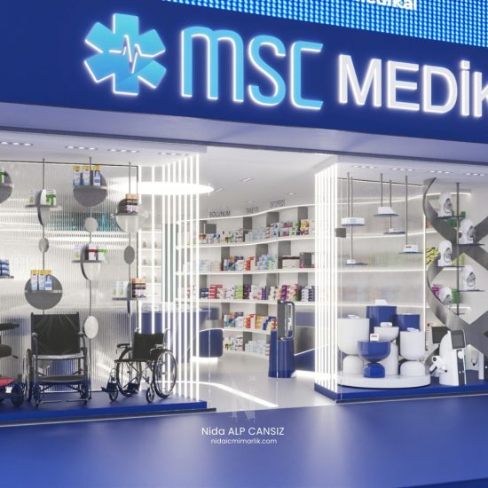 Medikal mağaza iç mimari tasarım projesi giriş cephesi ve vitrin tasarımı