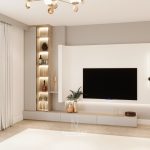 Modern iç mekan tasarımında özel üretim tv ünitesi ve aydınlatma detayı
