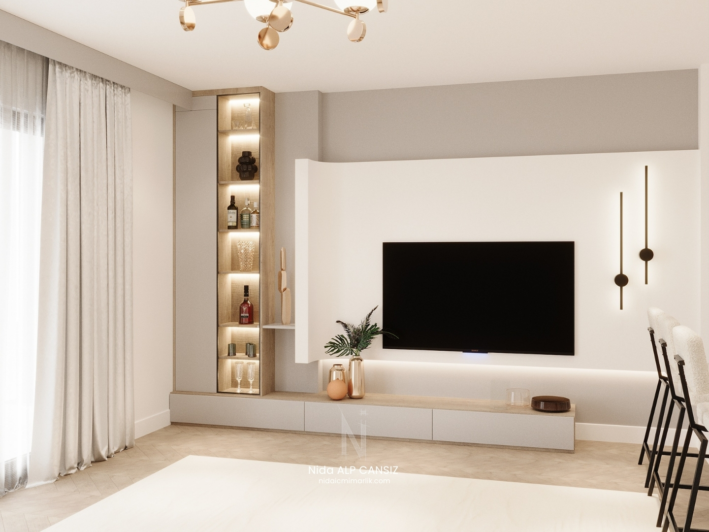 Modern iç mekan tasarımında özel üretim tv ünitesi ve aydınlatma detayı