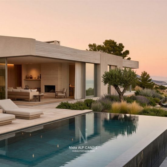 Modern lüks villa tasarımı, sonsuzluk havuzu ve deniz manzaralı teras alanı