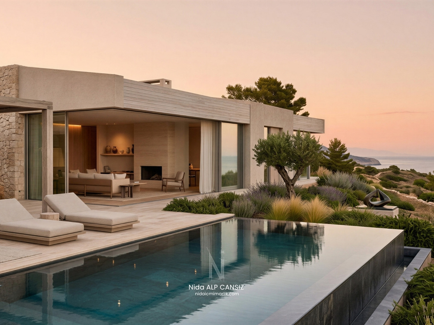 Modern lüks villa tasarımı, sonsuzluk havuzu ve deniz manzaralı teras alanı