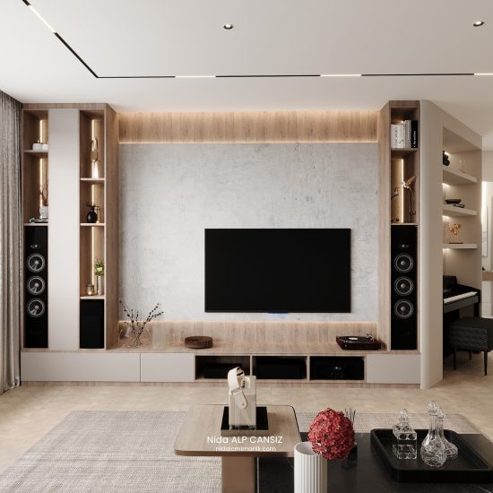 BY Evi Levent modern salon iç mimari tasarımı, özel tasarım tv ünitesi ve gizli aydınlatma detayları
